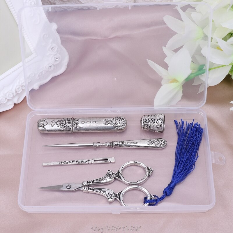 1 Set Vintage tijeras para bordado aguja caso dedal para coser punzón costura herramientas J13 21 . Exclusivo.