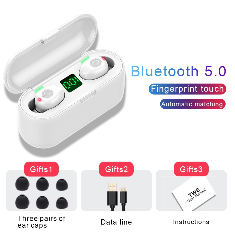 KUGE-auriculares inalámbricos con Bluetooth V5.0, dispositivo estéreo HD, deportivo, resistente al agua, con micrófono Dual y carga de batería de 2000mAh, Cas: White