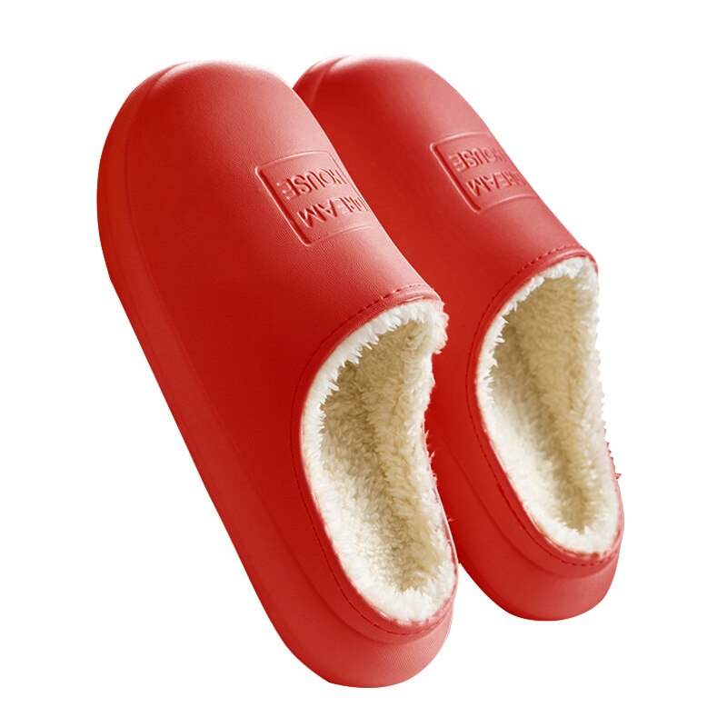 Vinter varme plysj tøfler vanntette tøfler kvinne menn innendørs tøfler elskere hjem tøffel tykk såle femael kjøkkensko: Rød / 43-44