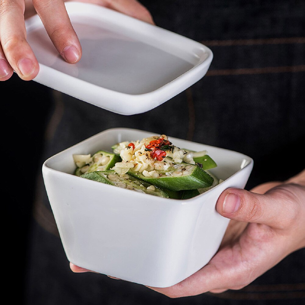 1pc Ceramic Square Shape Bowl with Lid Salad Seasoning Container for Home (White)