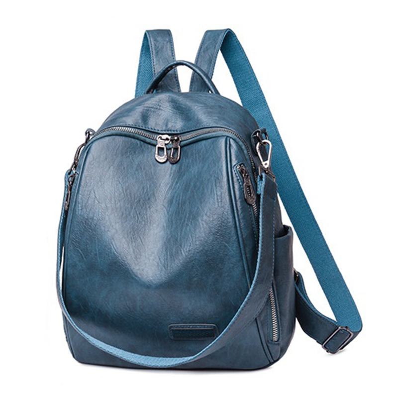 Sac à dos en cuir pour femme et adolescente, avec fermeture et poche, stylé et à la , 12 couleurs disponibles: Blue