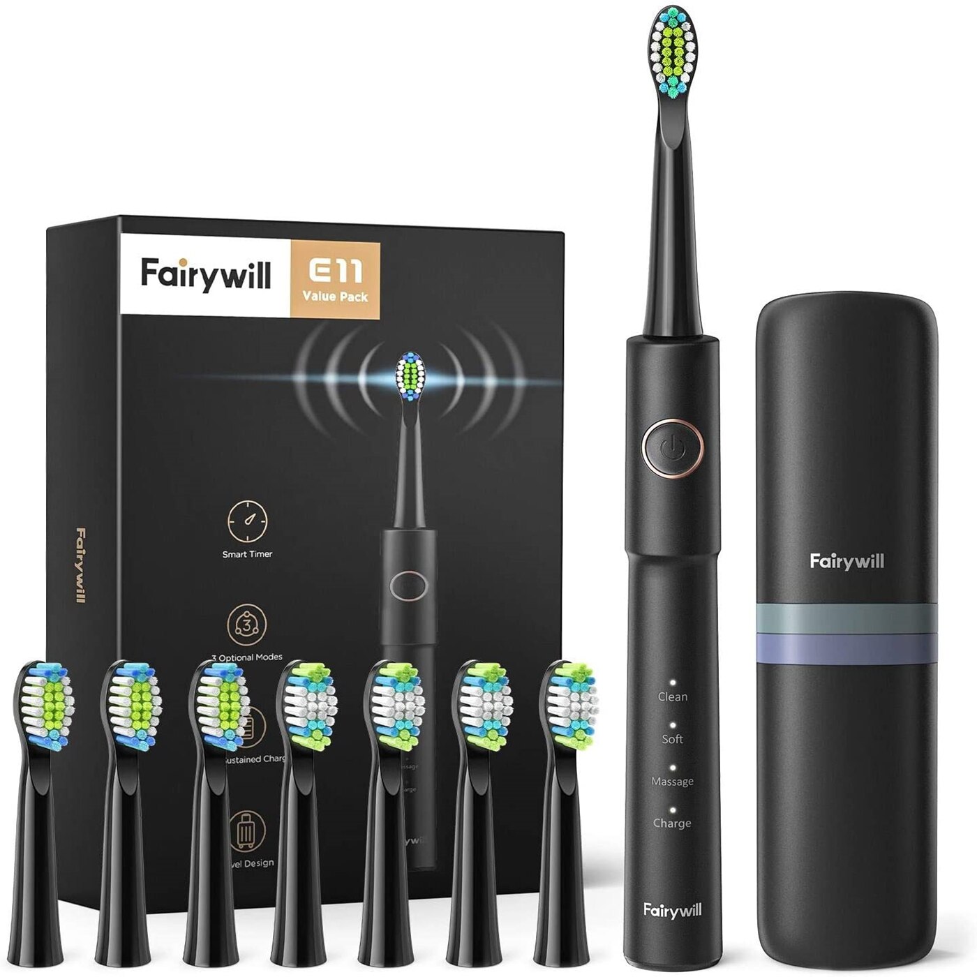 Fairywill-cepillo de dientes eléctrico sónico para adulto, recargable por USB, resistente al agua, 8 cabezales de repuesto: E11B-8BH