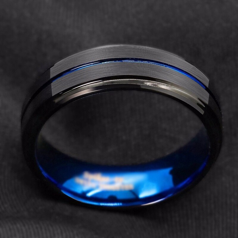 Anillo de acero de titanio con borde de escalera cepillado negro para hombre, 8mm, ranura azul, boda, , de joyería y anillos