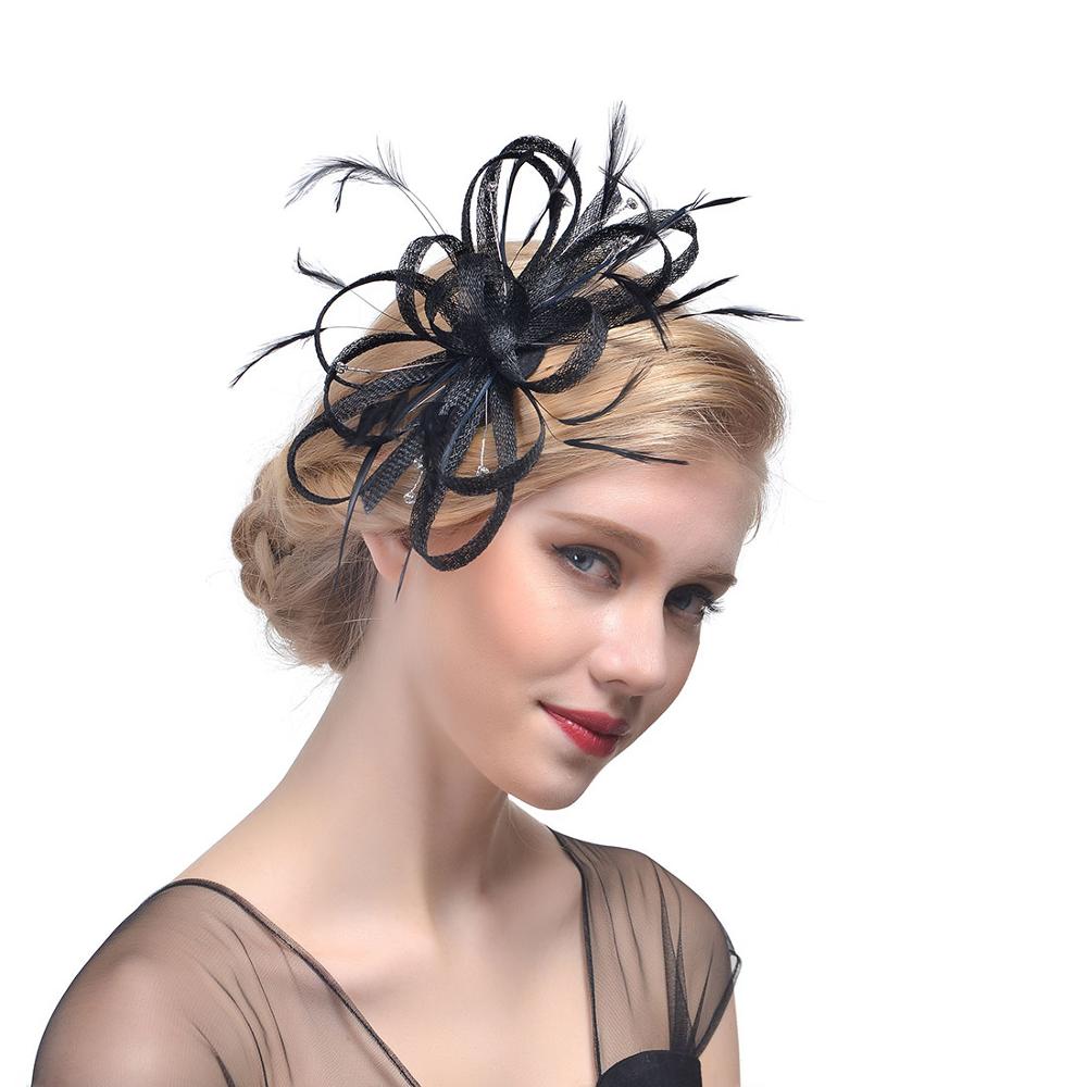 plume coiffure mariée cheveux chapeaux accessoires Elagant dames fête mariée chapeau pour mariage: Black