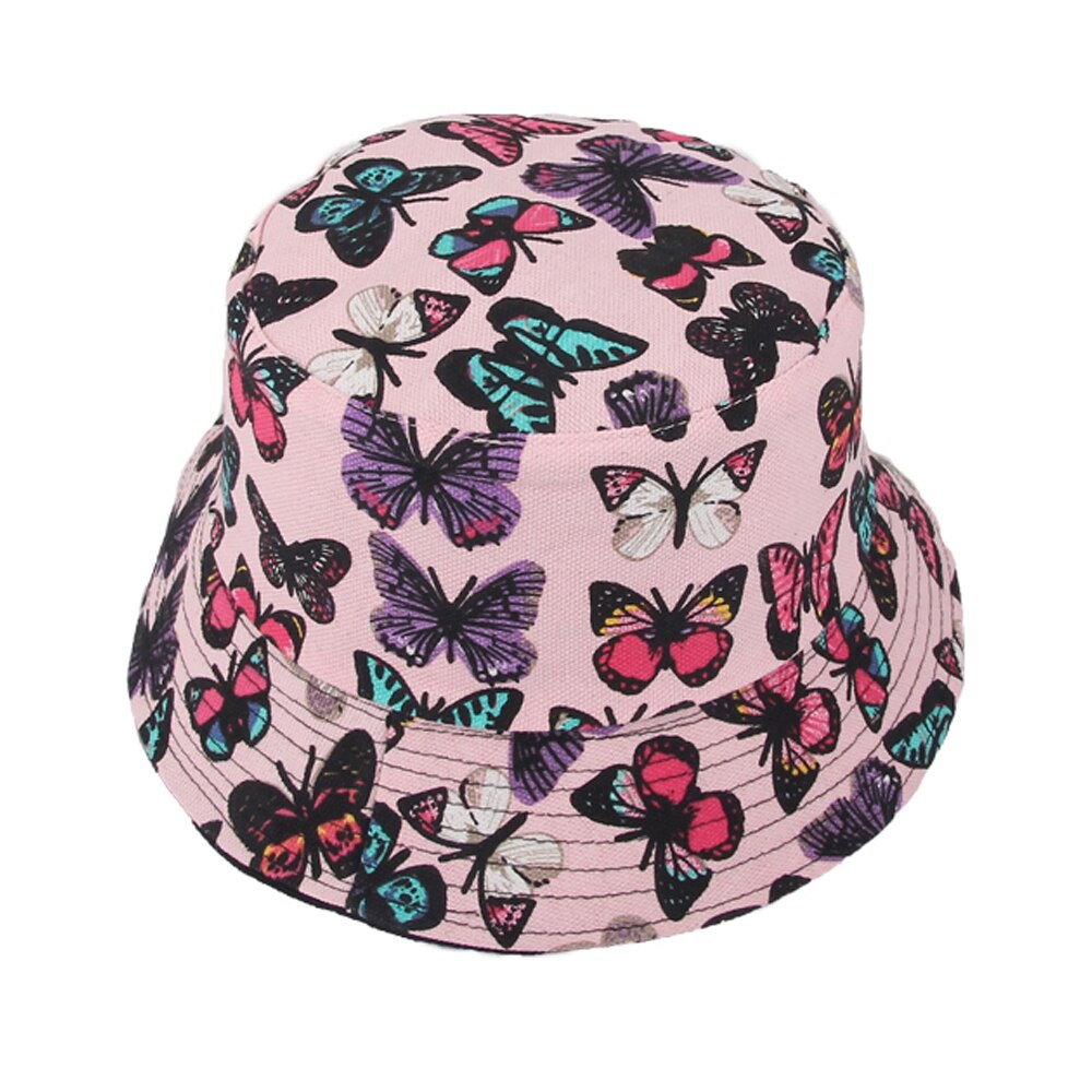 [ Meltryllis] Fishermen Cap For Women Gorras Summer Reversible Black White Cow Pattern Bucket Hat: Pink Butterfly
