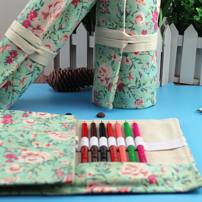 Kawaii Flower Pencil Case Canvas 12/24/36/48/72 Holes Roll School Penal Pencilcase for Girls Boys Cute Pen Case Stationery Pouch