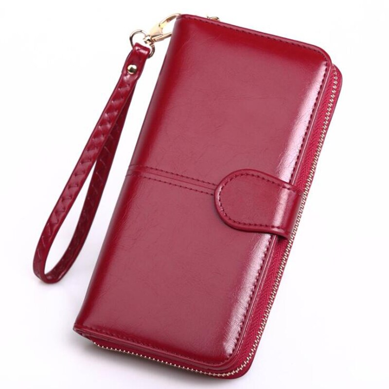 Leather Women Long Zipper Oil Wax Wallet Big Capacity Hasp Zipper Purse Ladies Long Wristlet Clutch Coin Card Holders Portomonee: Red