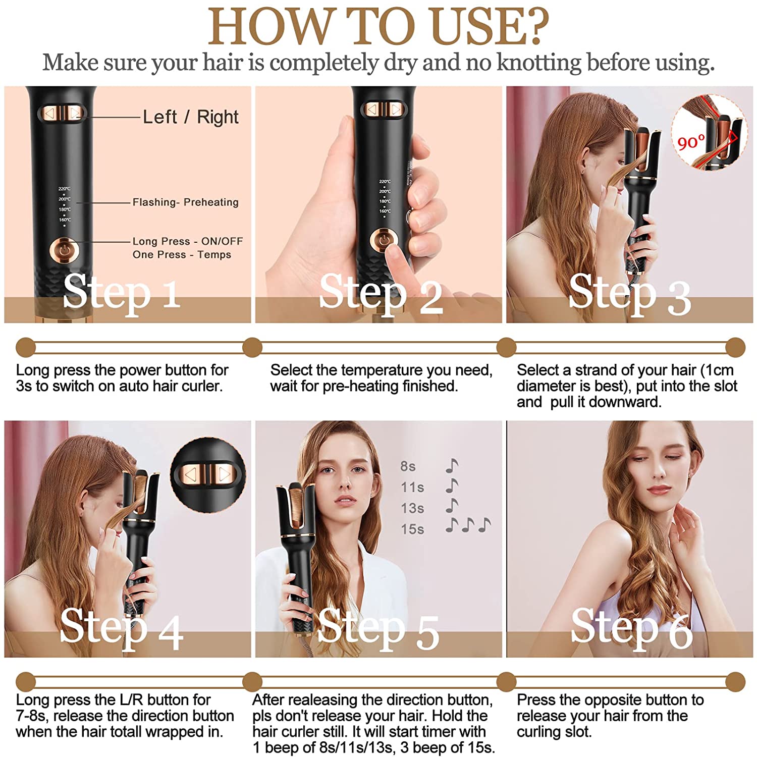 Rizador de pelo de cerámica giratorio automático, herramienta de peinado de hierro, varita rizadora de aire, rizador de pelo