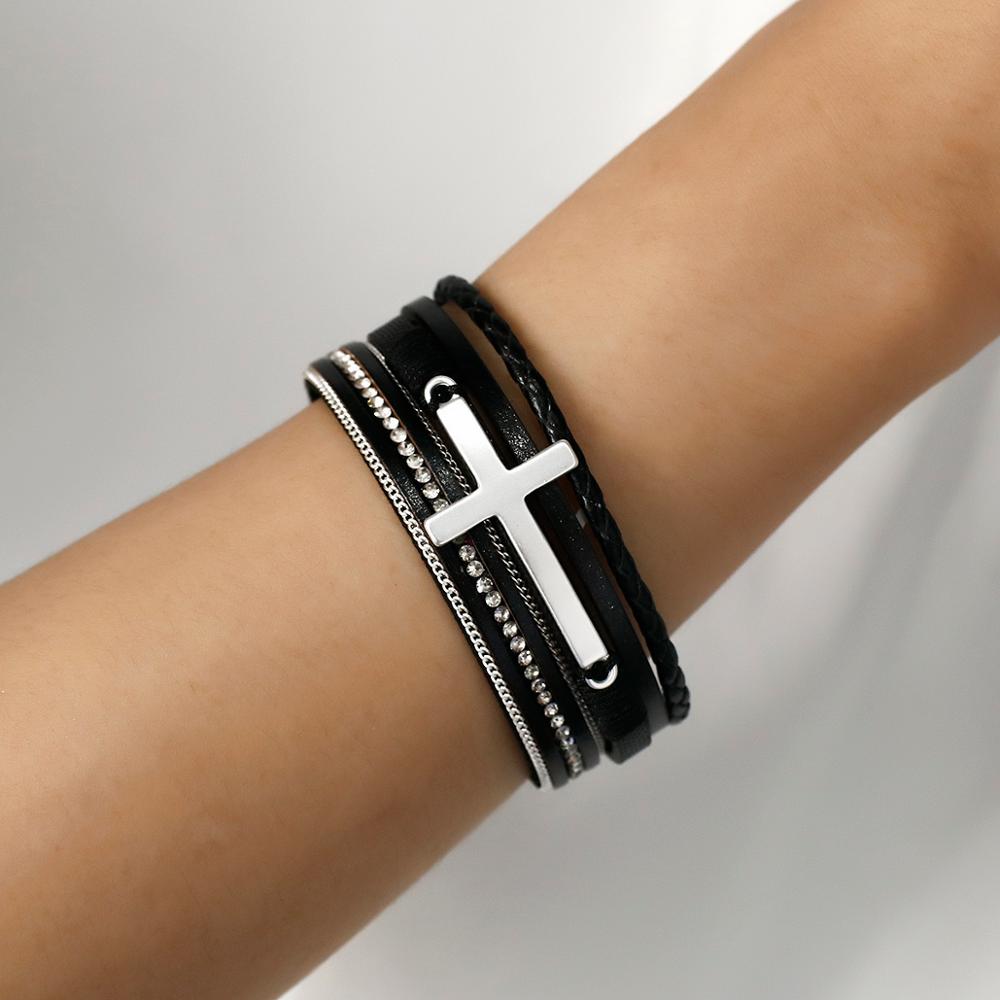 Amorcome Multilayer Cross Charm Leather Bracelets for Women Vintage Rhinestones Warp Bracelet Bangle Jewelry