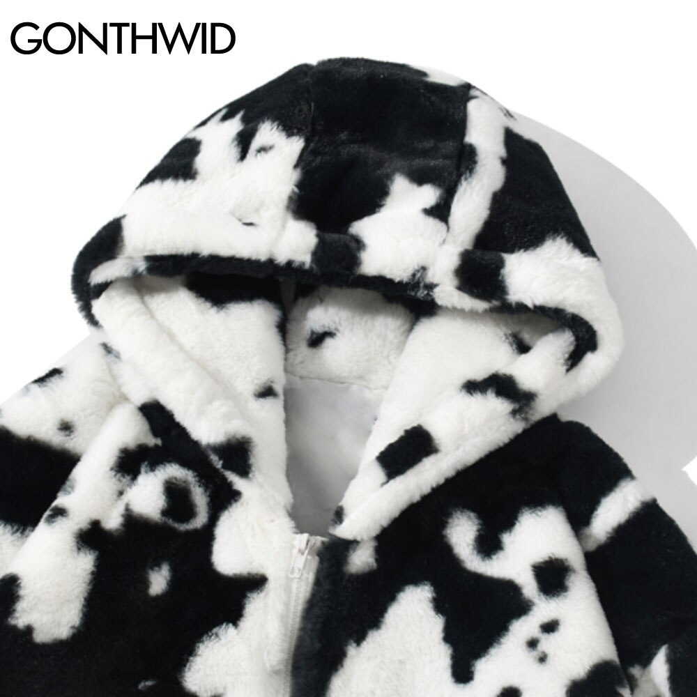 GONTHWID Fleece Hooded Jackets Streetwear Hip Hop Cow Spots Print Full Zip Jacket Coats Men Harajuku Casual Tops Outwear