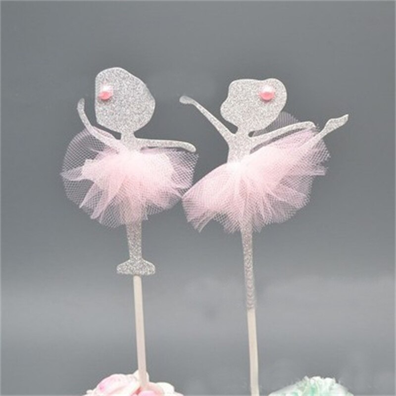 2Pcs/set Cute Gold Silver Glitter Dancing Girl Ballerina Cake Cupcake Toppers Cake Picks Wedding Birthday Party Cake Decoration: Silver powder