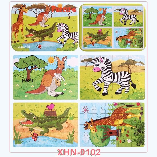 4 sztuk/pudło nowe cztery w jednym drewniane Puzzle zabawka dla dzieci zwierzęta/pojazd poznanie nauka zabawki edukacyjne dla dzieci MG-H01: XHN-0102