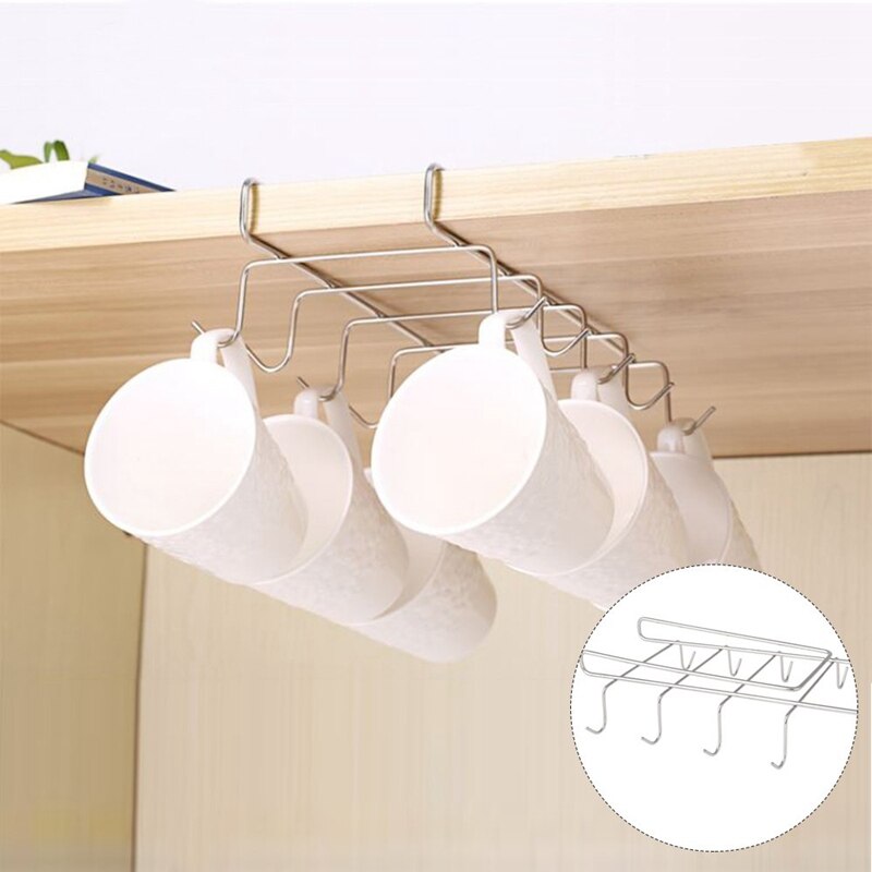 Soporte para tazas, colgador de tazas debajo del estante, armario de café, cocina, estante de almacenamiento, armario de plata, 10 ganchos, acero inoxidable 304