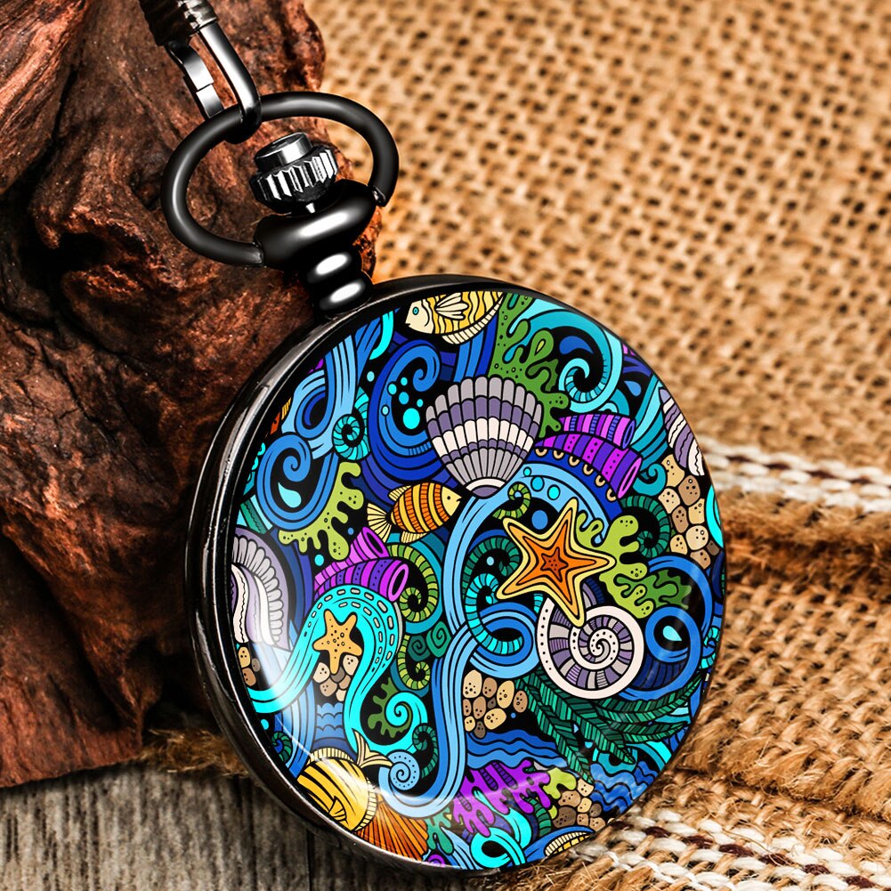 a la mar mundo patrón pintado reloj de bolsillo de los hombres COLLAR COLGANTE de las mujeres Cadena de aleación de Retro Relojes para amigo, Relojes