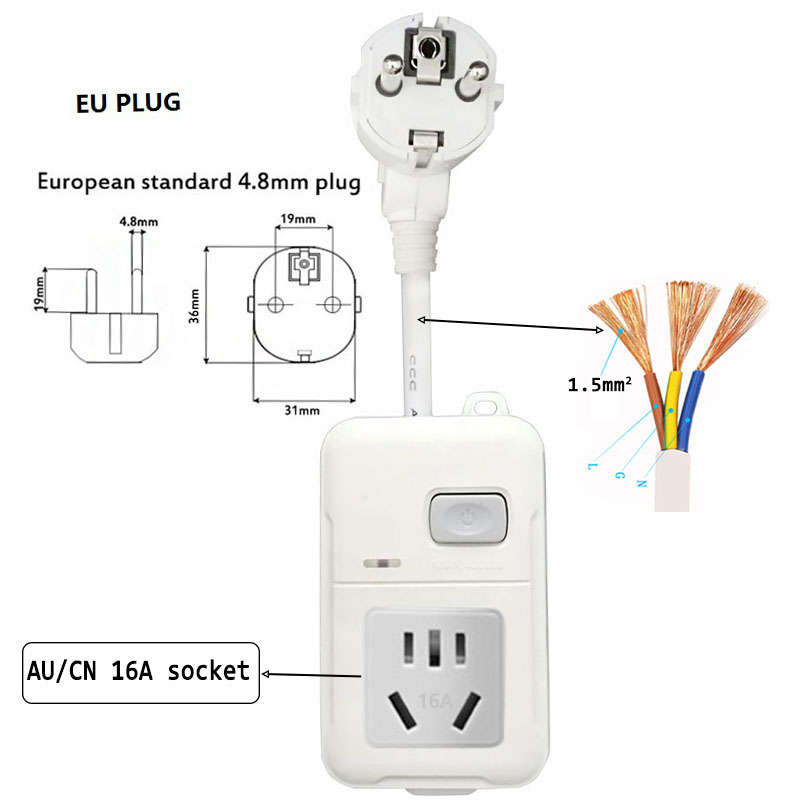 Power Strip Europe use AU/CN China Electrical 16A Plug Adapter Extension Cord Socket with Button Switch EU Plug to AU Socket