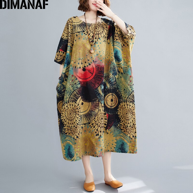 DIMANAF-Vestido largo holgado de talla grande para mujer, ropa de playa de verano, Lino estampado, talla grande 5XL y 6XL