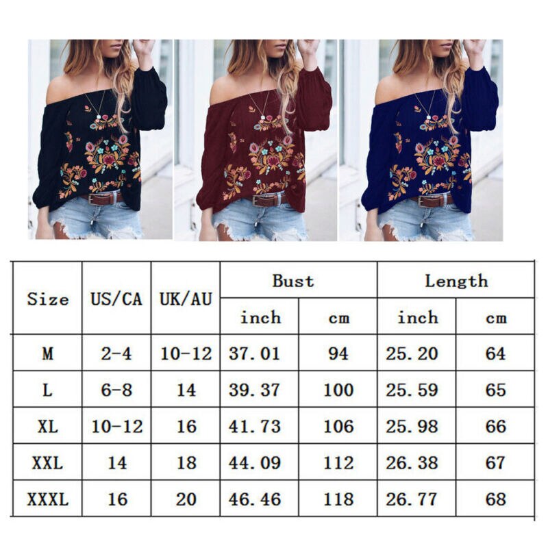 US Plus Size Women Casual T-shirt Flower Top Long Sleeve Off Shoulder Tee Blouse