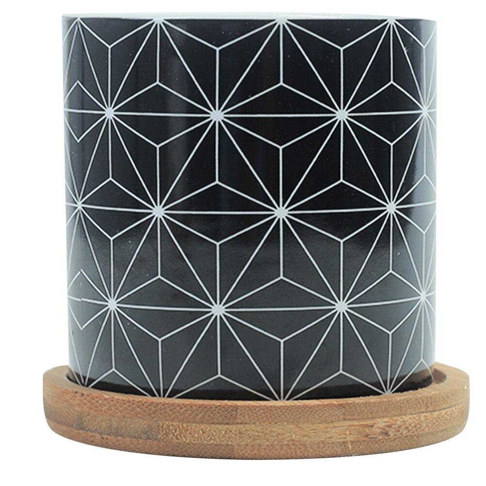 Jarrón de cerámica con forma de flor de escritorio, jarrón con forma geométrica, maceta sencilla para decoración de hogar y oficina con bandeja de Bambú: 2