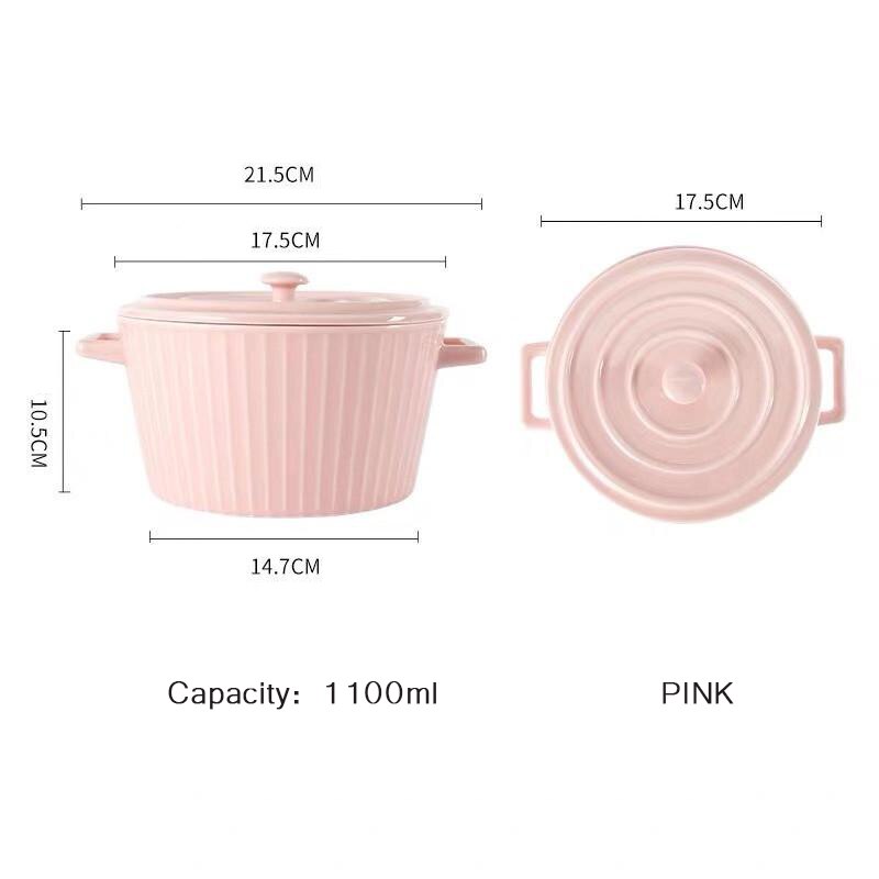 Moderne Minimalistische Dubbele Oor Keramische Kom Met Deksel Studentenflat Thuis Salade Instant Noodle Kom Magnetron-Verwarmbare Soeppan: Pink