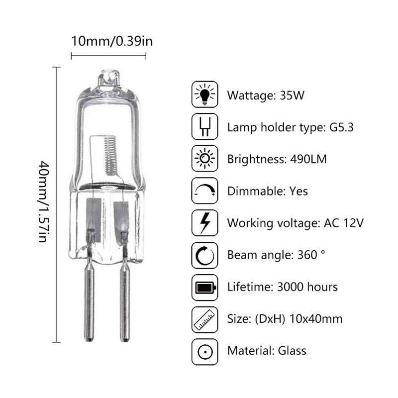 Lampes halogènes à 2 broches, 20W, 25W, 35W, 40W, DC 12V, 220V, Type G4, G5.3, G9, 20W, 25W, 35W, 1 pièce ampoule transparente pour la décoration de la maison, 40W: Argent