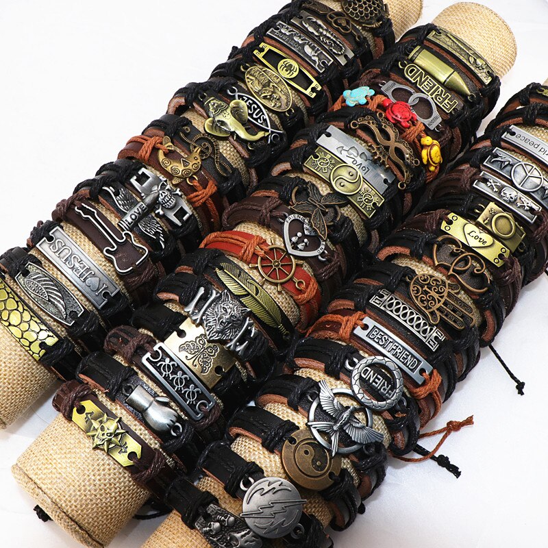 Wholesale 20/30/36/50/100Pcs/lot Vintage Leather Bracelets For Women Men Mix Style Cuff Bangle Jewelry Party Gifts