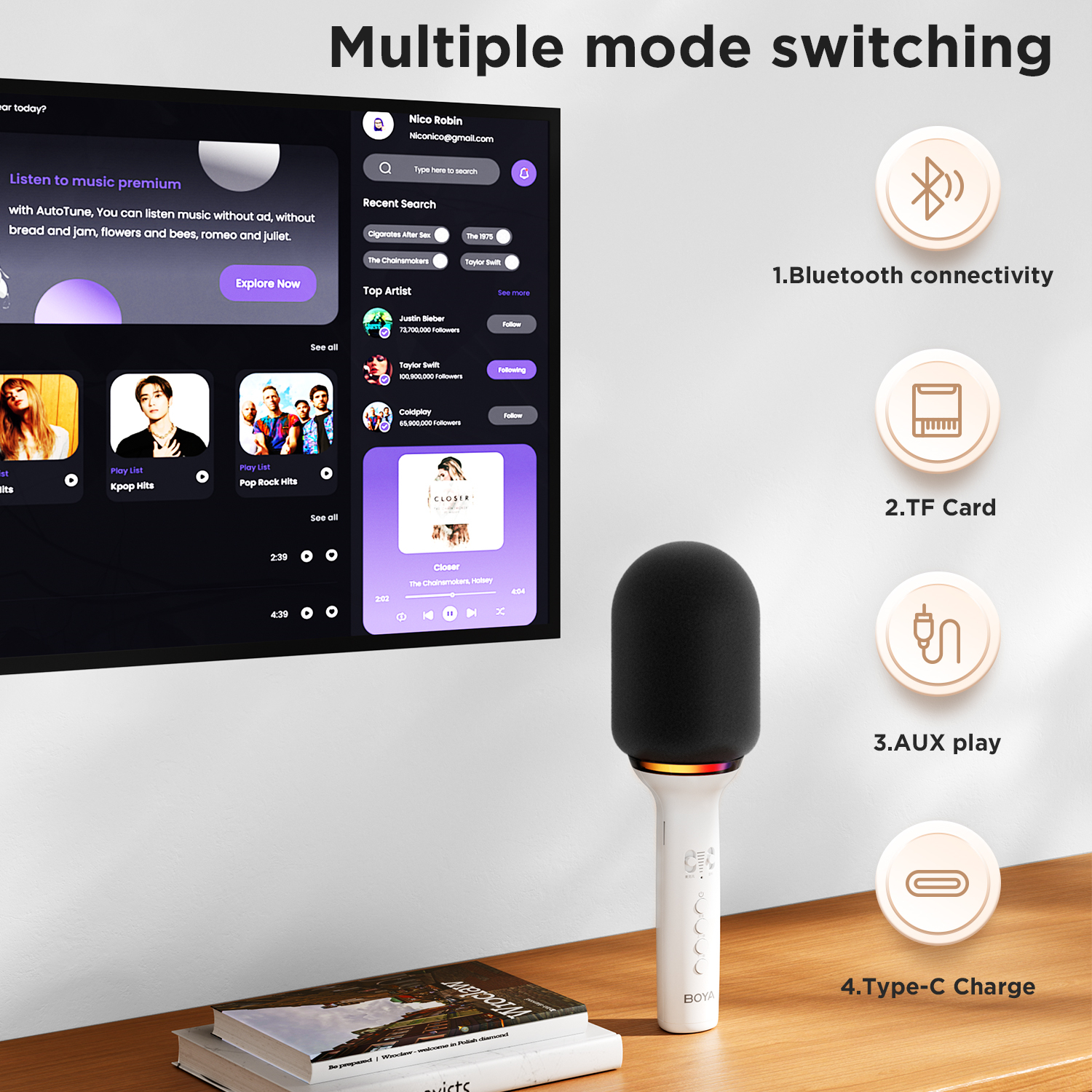 BOYA K11 Bezprzewodowy mikrofon Bluetooth do karaoke Przenośny mikrofon ręczny Głośnik Domowe przyjęcie Urodziny Dom KTV dla smartfona