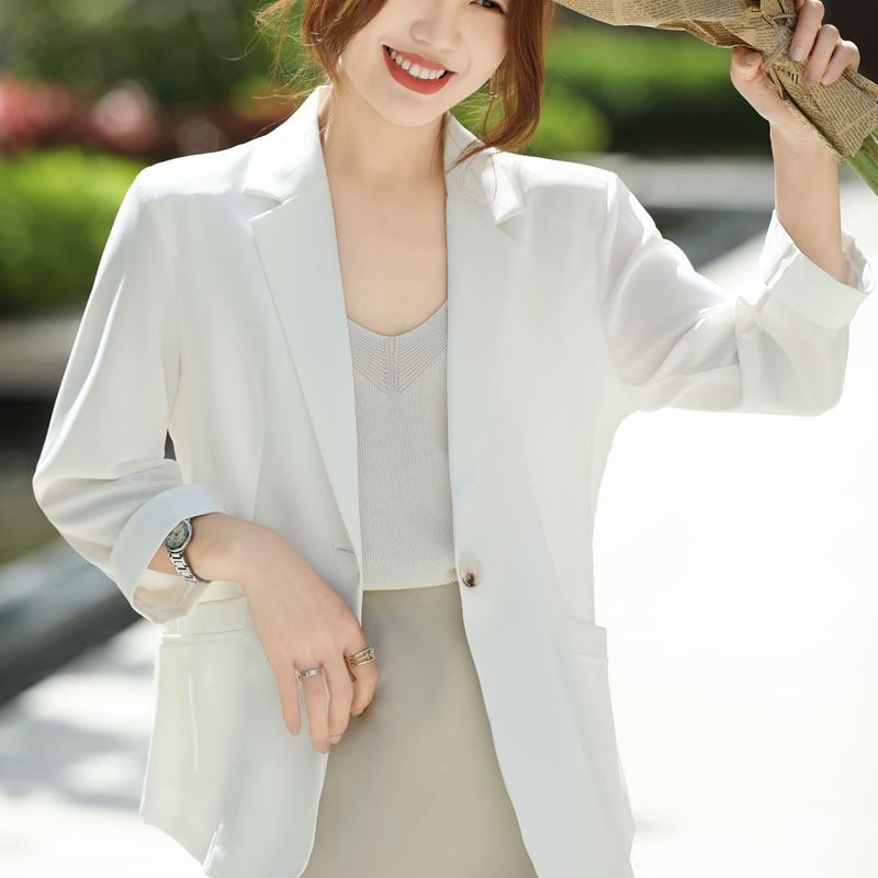 Lente En Zomer Nieuw Casual Klein Pak Voor Dames Trendy Westerse Stijl Driekwart Mouw Gesp Jas Dun En Comfortabele Top: One-size / WHITE