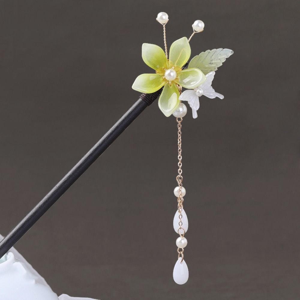 Tocados con borlas y flores, horquilla de madera para el cabello, horquilla para el cabello con perlas, accesorios para el cabello, horquilla Hanfu, palo para el cabello para niña: Rojo rosado