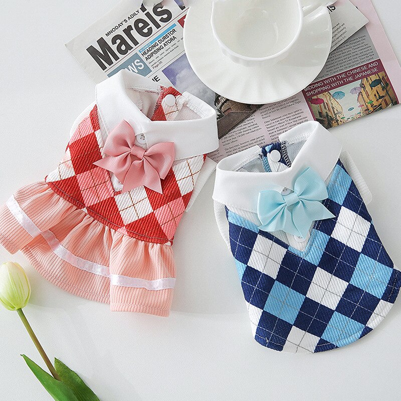 Vêtements de printemps et d&#39;été pour chat, vêtements fins de Style collégien pour Couple, vêtements pour petits chiens et chats, avec nœud à grille, pour chiot et fille