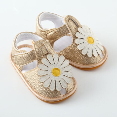 Zapatos de princesa para bebés y niñas, sandalias de verano con suela suave de flores para niño de cuna, Botines de cuero PU con girasol: Oro / 0-6 meses