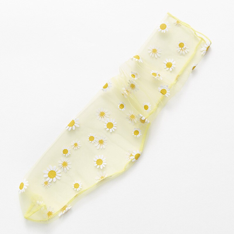 Suloiset kukkaiset naisten sukat läpinäkyvät ultraohuet päivänkakkarat sukat tytöille naisten sifonkiverkko hengittävä tylli pitkät sukat: Keltainen