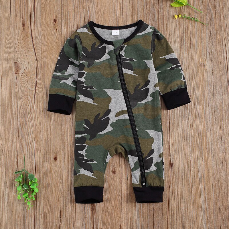 Wallarenear 0-18M Pasgeboren Peuter Baby Boy Jumpsuit Camouflage Luipaard Print O-hals Lange Mouwen Diagonale Rits Romper