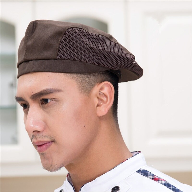 Mænd kvinder mesh patchwork kok restaurant køkken madlavning arbejdstøj hatte baret hotel bakey cafe tjener åndbar kasket 56-58cm: 6