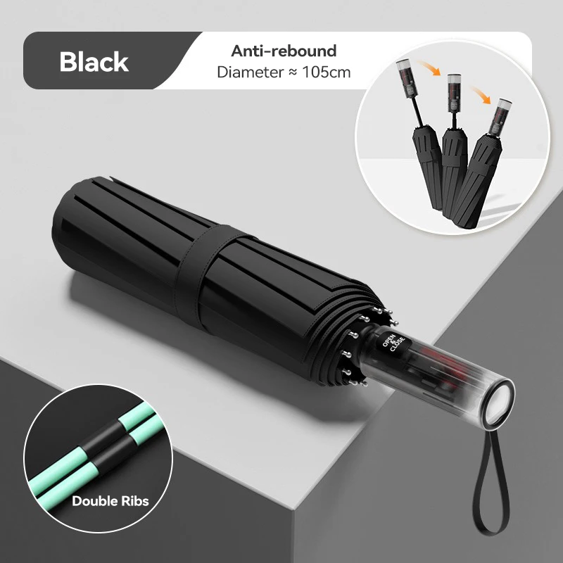 parapluie pliant automatique 2025, cadre coupe-vent 24 renforcés, mécanisme automatique Double couche, Protection UV améliorée: Black