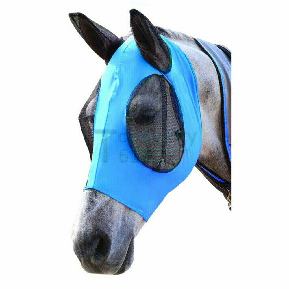 Safe Horse Fly Mask Waterproof Full Face Mesh Protective Detachable Horse Wear Equestrian Safety Ear: Blue