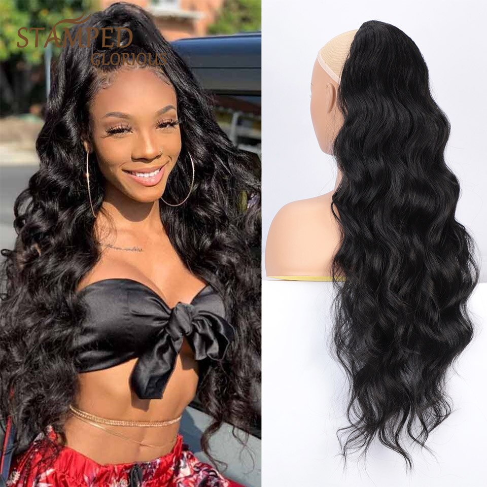 Stamped Glorious Synthetic Drawstring Ponytail Long Wavy Ponytail Hair Clip in Hairpiece Black Wavy Ponytail for Black Women