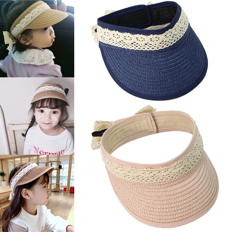 Children Sunshade Sunscreen Straw Cap Adjustable Lace Bow Empty Top Hat XR