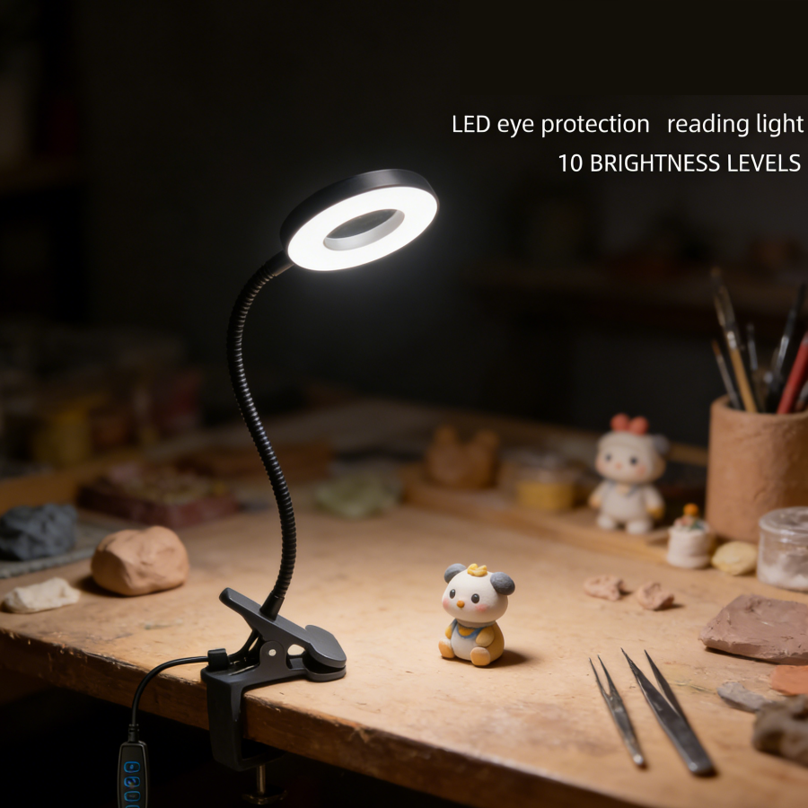 1pc led clip-on bureaulamp met , 10 dimstanden, oogvriendelijke leeslamp, flexibele zwanenhals met usb-aansluiting, nachtlampje voor slaapkamer en kantoor