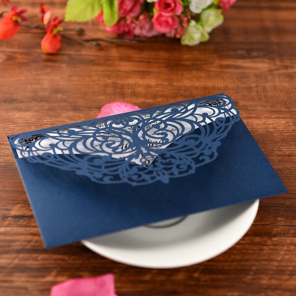 10Pcs Pearl Paper Invitation Cards Delicate Carved Floral Pattern Invitation Cards Blue Card For Wedding Engagement Anniversary