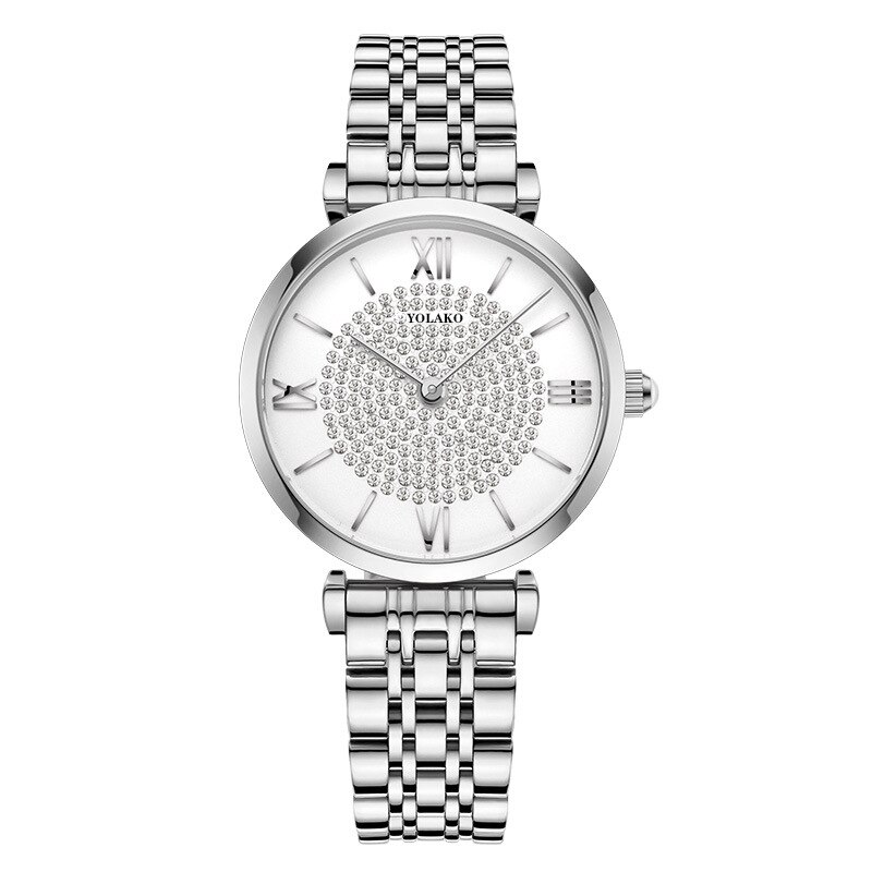 Gypsophila Diamond Vrouwen Horloges Zilveren Ronde Dial Roestvrij Stalen Band Quartz Horloge relogiosfeminino: Silver