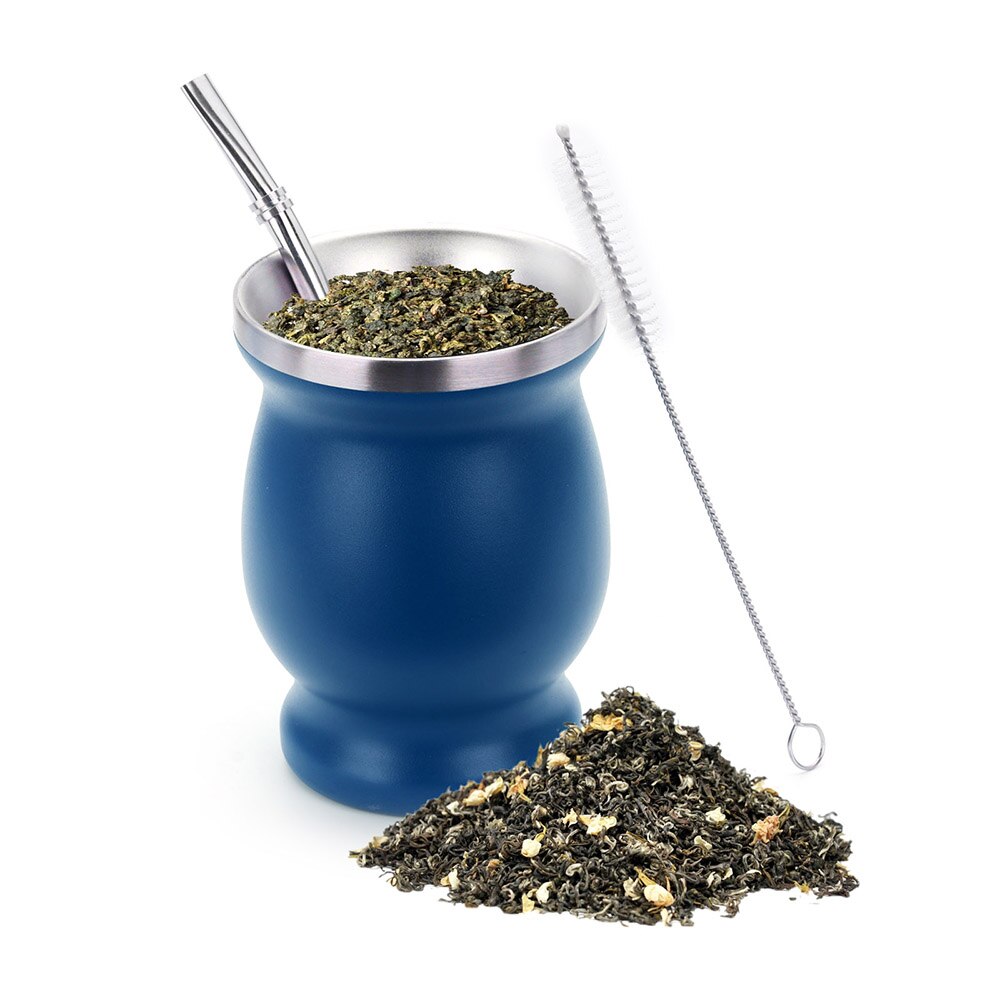 1 Set 230ML Bombilla Set Yerba Mate Gourd Stainless Steel Tea Cup with One Spoon and Brush Heat Insulation Anti Scalding: blue set and spoon