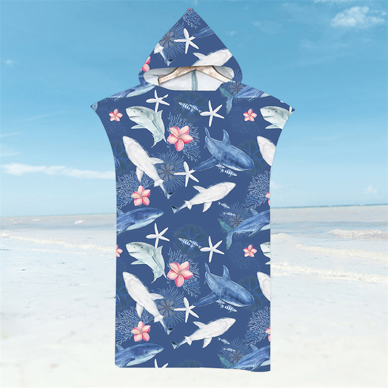 Hai-Bademantel, Strandtuch mit Tiefsee-Tieren, schnell trocknendes Badetuch, leichter Kapuzenumhang, Schwimmen, Surfen, Erwachsene, Damen, Herren, Poncho: Gold
