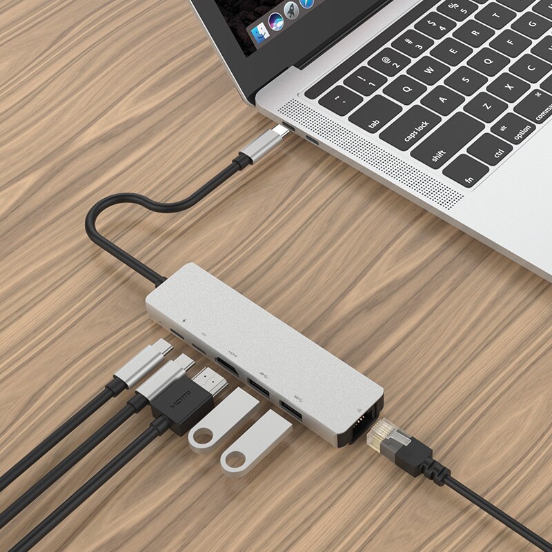 Usb-c vers Rj45 Lan 4K Hdmi Vga 2Usb 3.0 lecteur de fente 6 en 1 type-c adaptateur de Dock Hub pour pour Samsung pour Huawei