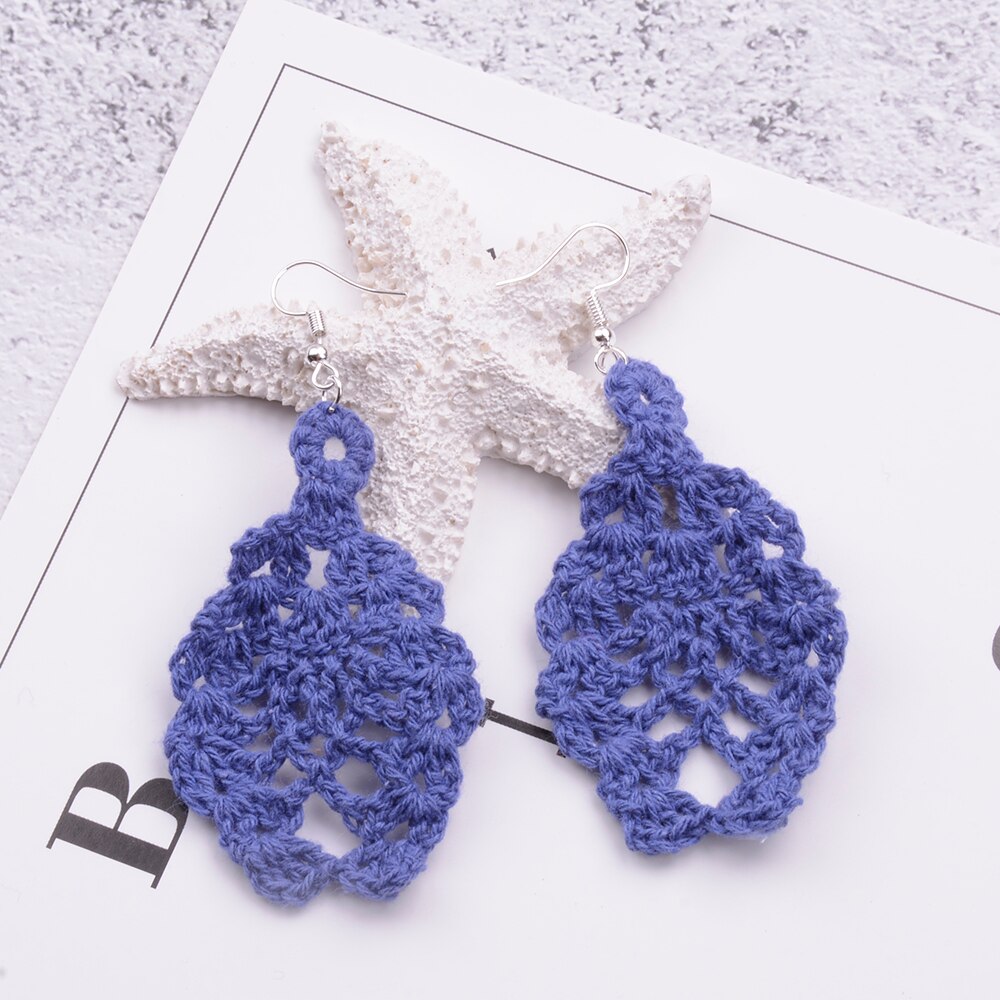 Handgjorda smycken virkade örhängen bohemiska handvirkade brudhängande örhängen valentine -kvinnor virkade örhängen: Blå
