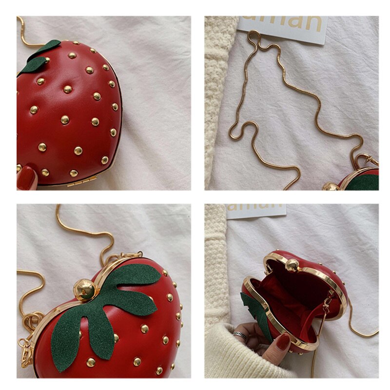 Sac à main en forme de fraise pour femmes, petit sac à bandoulière avec chaîne en métal, porte-monnaie cloutée