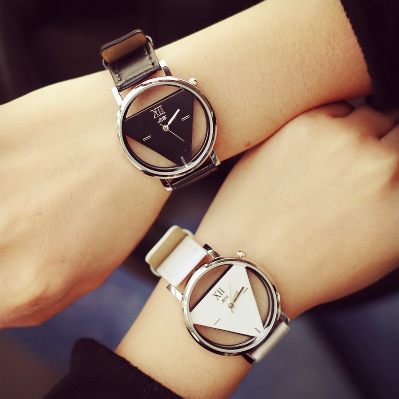Hule trekant kvinder kvarts ure simpel nyhed og individualisme armbåndsur sort hvid læder ur