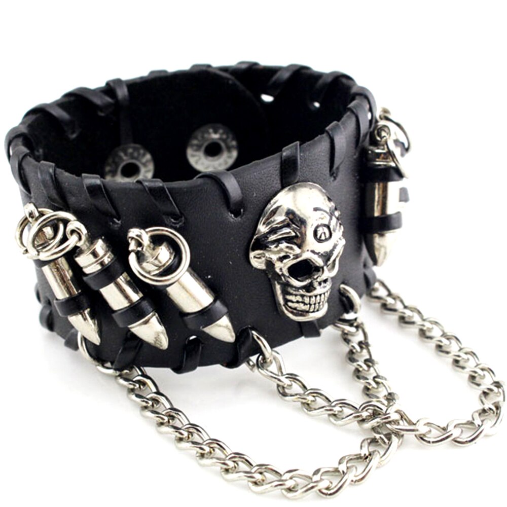 Unisex Black PU Leather Cool Bracelet Punk Bullet Wristband Adjustable Skull Metal Chain Bracelet Punk Biker Rock Gothic