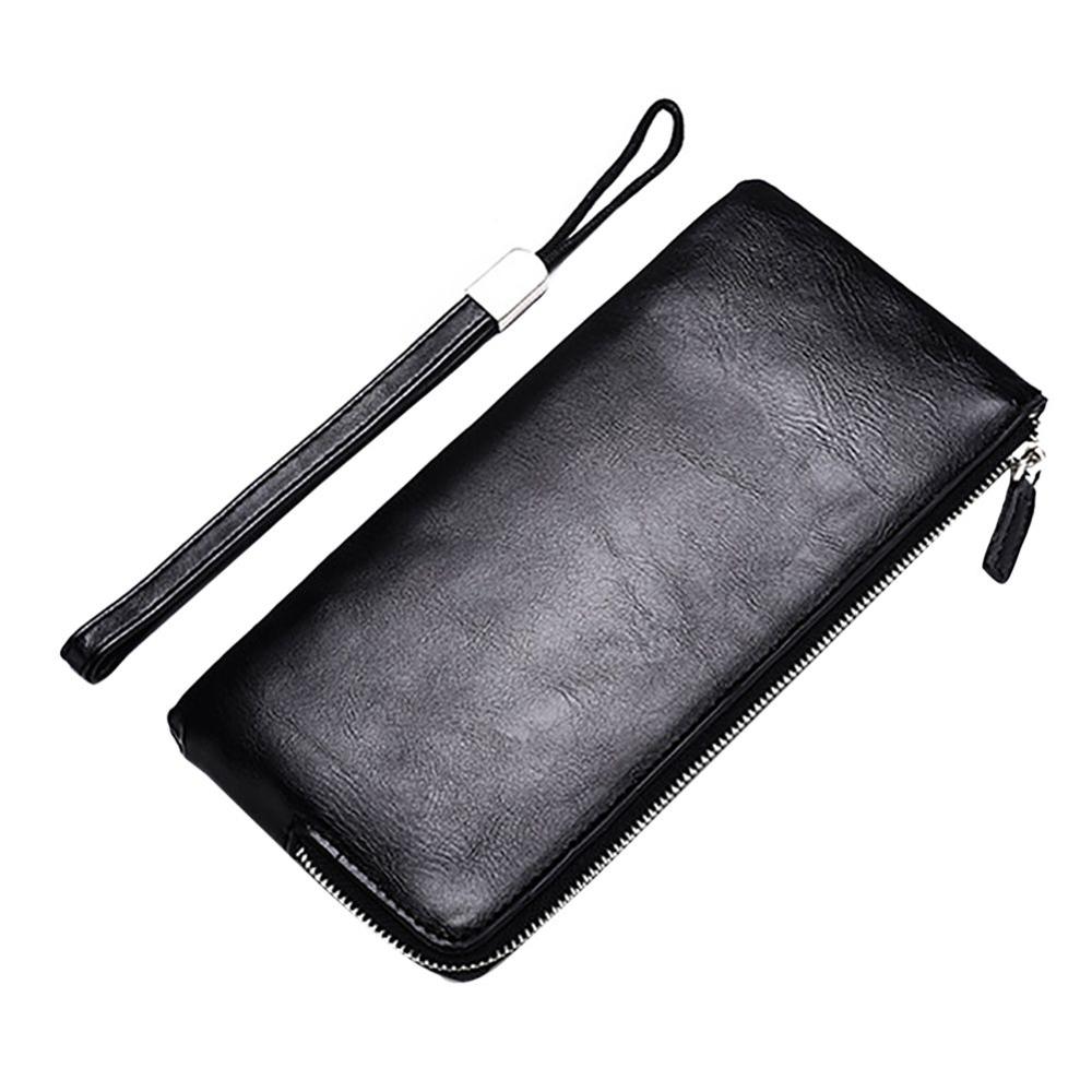 Portefeuille en cuir pour homme pratique avec sac de téléphone portable portefeuille long à fermeture à glissière Ultra-mince pour hommes pochette mince porte-carte porte-monnaie pour homme: Black