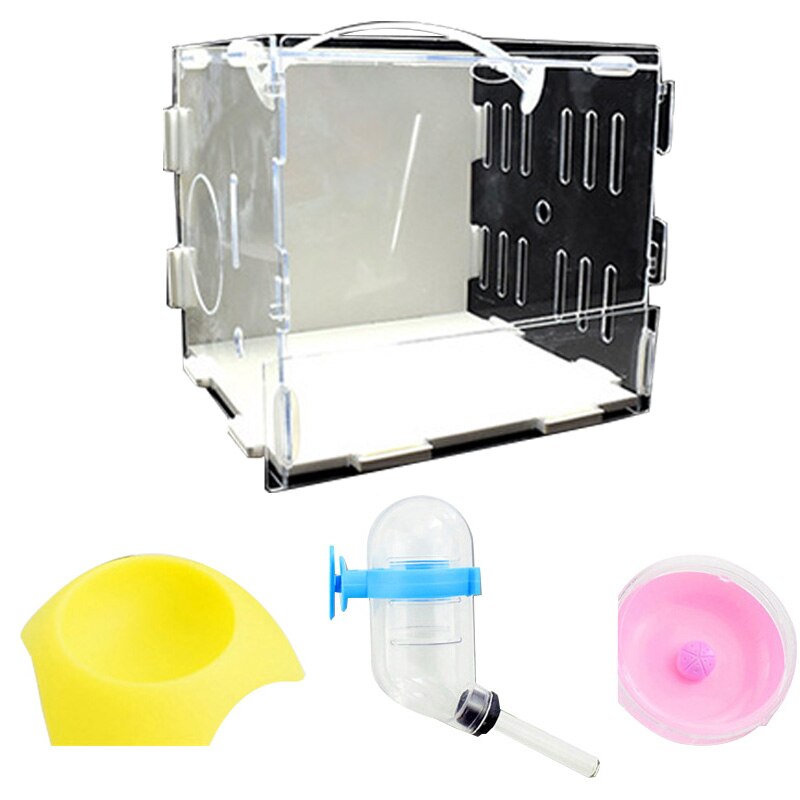 Hámster Habitat acrílico pequeño Pet Habitat jaula hámster Casa de estar caja transparente con alimentador Bol botella rueda: white clear