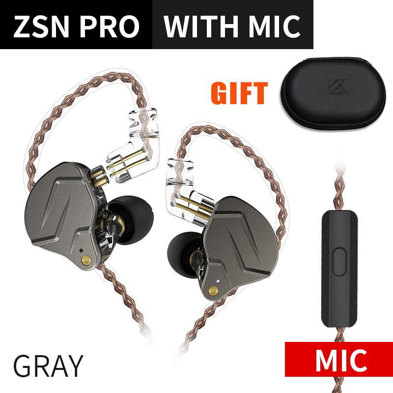 KZ ZSN Pro X Wired Headset With Mic ZSN Pro Hybrid Metal Stereo Bass In-Ear Earphone Monitor Sports Headset Gamer for Xiaomi: gray with mic